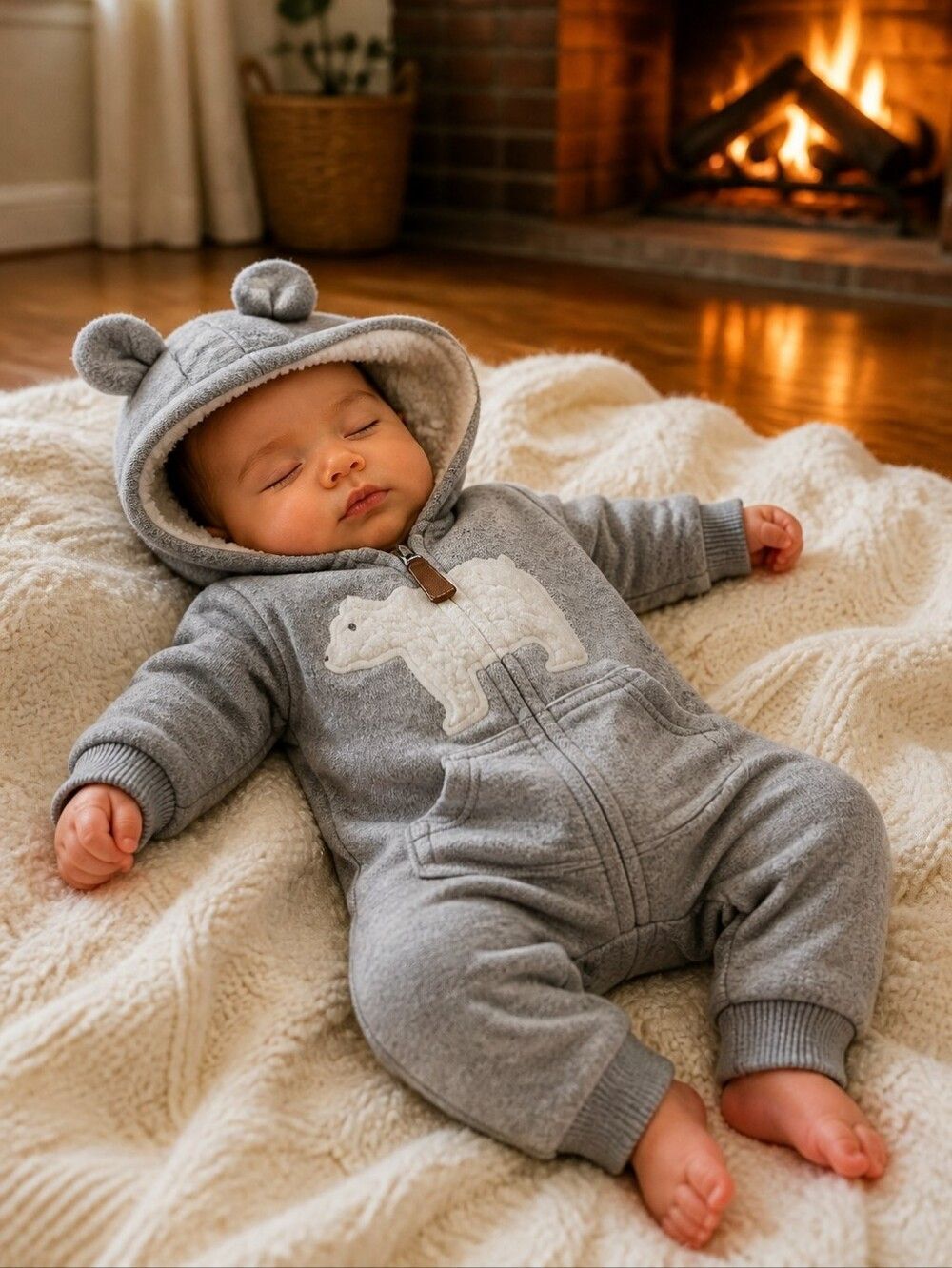 Carters 3M Gray Polar Bear Sherpa Fleece Hoodie One-Piece Jumper Winter Outfit